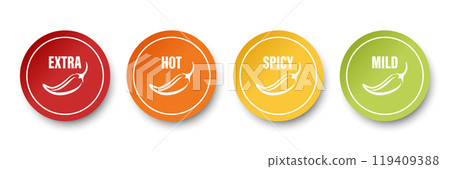 Realistic Vector Round Stickers with Spicy Chili Pepper Icon, Food Spicy Level. Red, Orange, Yellow, Green Jalapeno Pepper Strength Scale Sticker Indicators with Mild, Spicy, Hot and Extra Positions 119409388