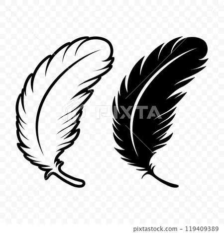 Vector Black and White Fluffy Feather Logo Icons. Silhouette Feather Set Closeup Isolated. Design Template of Flamingo, Angel, Bird Feather. Lightness and Freedom Concept 119409389