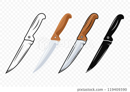 Vector Kitchen Knife Icon Set. Chef Knife with Sharp Blade, Kitchen Knife Design Templates. Outline, Colored, Silhouette Knife. Vector Illustration 119409390