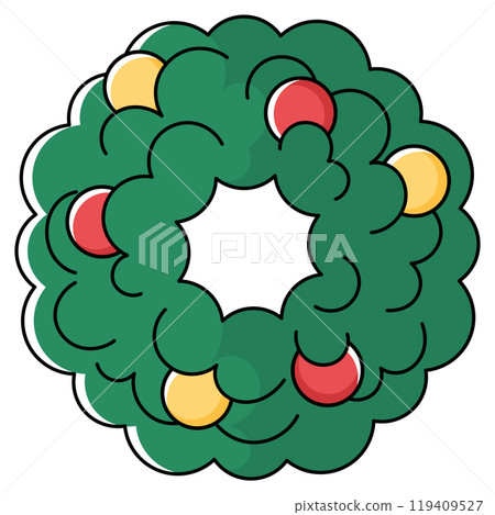 Christmas wreath illustration with red and yellow baubles, Vector 119409527