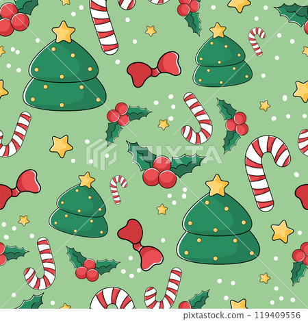Christmas pattern with trees, candy canes, and holly berries, Vector Christmas pattern with trees, candy canes, and holly berries, Vector 119409556