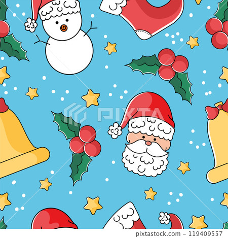 Cute Christmas pattern with Santa, snowman, and holly, Vector Cute Christmas pattern with Santa, snowman, and holly, Vector 119409557