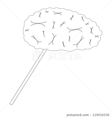 Halloween-themed coloring page featuring a brain-shaped candy on a stick. Great for spooky kids activities and Halloween fun. 119410330