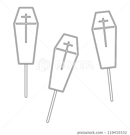 Spooky coffin-shaped candy on sticks for Halloween-themed coloring pages. Perfect for kids and Halloween decor ideas. 119410332
