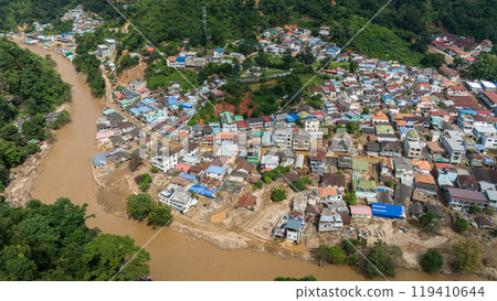 Aerial view of the local village in Tachileik the border town between Thailand and Myanmar having damaged after typhoon Yagi has swept Southeast Asia. 119410644