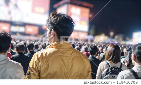 Rear view of a young man at a crowded event venue_Wide, generative AI_Wide 119410709