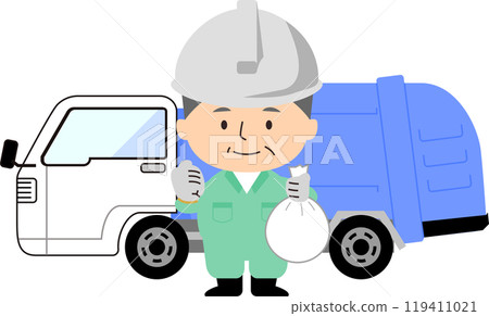Illustration of a garbage truck and a senior man 119411021