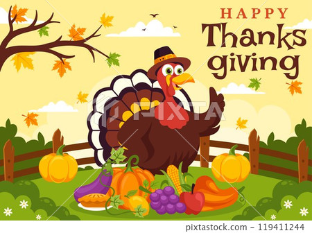 Happy Thanksgiving Day Vector Illustration with Turkey, Pumpkins, Leaves, and Various Other Elements in a Flat Style Cartoon Background Happy Thanksgiving Day Vector Illustration with Turkey, Pumpkins, Leaves, and Various Other Elements in a Flat Style Cartoon Background 119411244