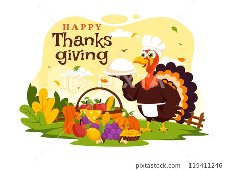 Happy Thanksgiving Day Vector Illustration with Turkey, Pumpkins, Leaves, and Various Other Elements in a Flat Style Cartoon Background Happy Thanksgiving Day Vector Illustration with Turkey, Pumpkins, Leaves, and Various Other Elements in a Flat Style Cartoon Background 119411246