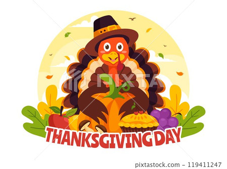 Happy Thanksgiving Day Vector Illustration with Turkey, Pumpkins, Leaves, and Various Other Elements in a Flat Style Cartoon Background Happy Thanksgiving Day Vector Illustration with Turkey, Pumpkins, Leaves, and Various Other Elements in a Flat Style Cartoon Background 119411247