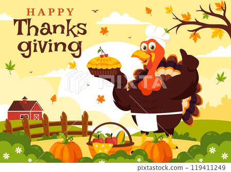 Happy Thanksgiving Day Vector Illustration with Turkey, Pumpkins, Leaves, and Various Other Elements in a Flat Style Cartoon Background Happy Thanksgiving Day Vector Illustration with Turkey, Pumpkins, Leaves, and Various Other Elements in a Flat Style Cartoon Background 119411249