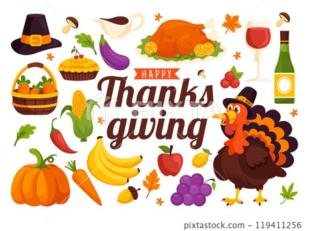 Happy Thanksgiving Day Vector Illustration with Turkey, Pumpkins, Leaves, and Various Other Elements in a Flat Style Cartoon Background 119411256