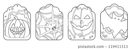 Set of isolated cute Halloween decoration elements for sticker, badge, tag or label on a transparent background, Volume 16: Black outline with white plain. 119411313