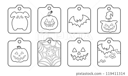Set of isolated cute Halloween decoration elements for sticker, badge, tag or label on a transparent background, Volume 17: Black outline with white plain. 119411314