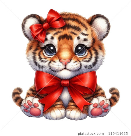 Cute animals tied with bows Clipart Watercolor  119411625