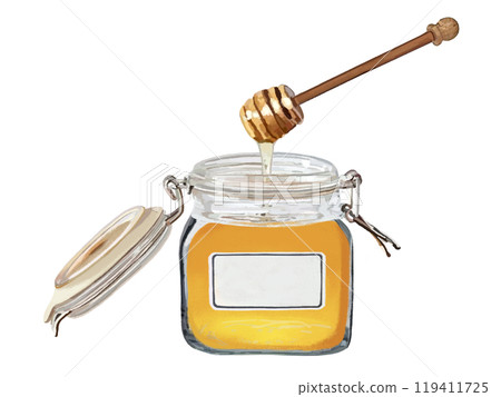 Honey (open storage jar) with white label and honey dipper Honey (open storage jar) with white label and honey dipper 119411725