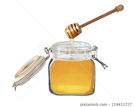 Honey (opened storage jar) without label, with honey dipper 119411727