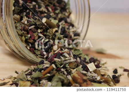 Medicinal Herbal Tea Blend on Kitchen Table Medicinal Herbal Tea Blend on Kitchen Table 119411750