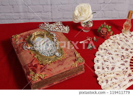 White Rose in Vase Next to Vintage Rhinestone Rose and Perfume Bottle White Rose in Vase Next to Vintage Rhinestone Rose and Perfume Bottle 119411779