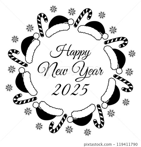 Happy New Year 2025 lettering, Candy Cane, Santa hat and snowflakes Black and white Round Frame 119411790