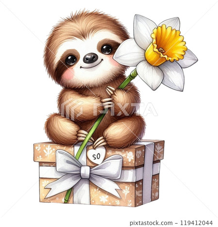 Cute sloth with national flower Clipart Watercolor  119412044