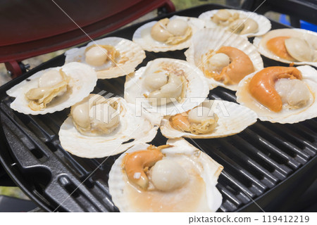 Scallops with shells grilled on a gas grill - barbecue image 119412219