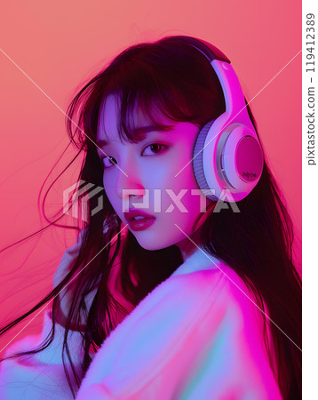 Fashion photo of an Asian woman listening to music through headphones Fashion photo of an Asian woman listening to music through headphones 119412389