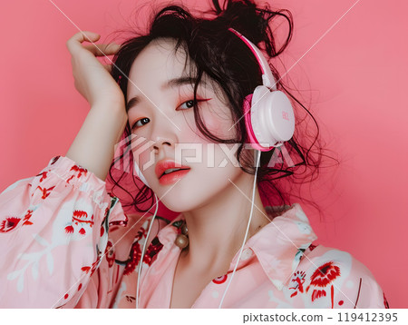 Fashion photo of an Asian woman listening to music through headphones 119412395