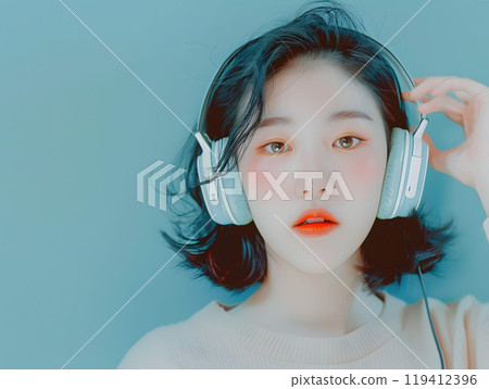 Fashion photo of an Asian woman listening to music through headphones 119412396