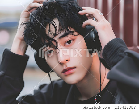 Asian man enjoying music with headphones 119412398