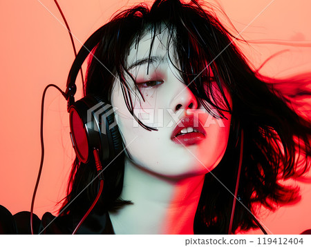 一位亞洲女性透過耳機感受音樂的時尚照片 一位亞洲女性透過耳機感受音樂的時尚照片 119412404