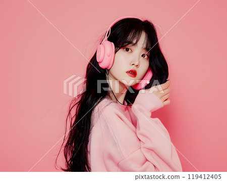 Fashion photo of an Asian woman listening to music through headphones Fashion photo of an Asian woman listening to music through headphones 119412405
