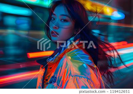 Asian woman in urban neon lit night 119412651