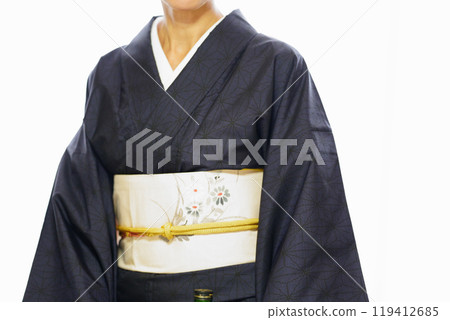 Woman wearing a tsumugi kimono, no face 119412685