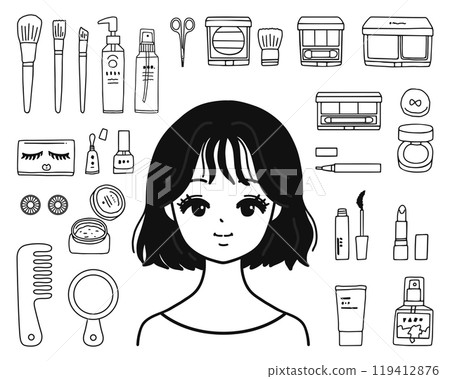 Illustration set of women and makeup products - line drawing Illustration set of women and makeup products - line drawing 119412876