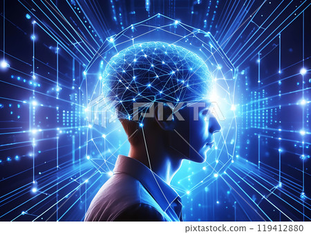 Image of an artificial intelligence robot, abstract brain in blue and blue gradient Image of an artificial intelligence robot, abstract brain in blue and blue gradient 119412880