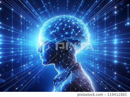 Image of an artificial intelligence robot, abstract brain in blue and blue gradient 119412881