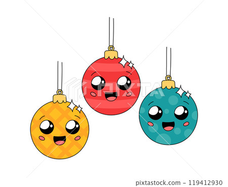 Adorable Christmas tree ornaments with cheerful faces. Cute smiling baubles set vector illustration. Doodle Xmas decorations, happy characters in groovy and kawaii styles 119412930