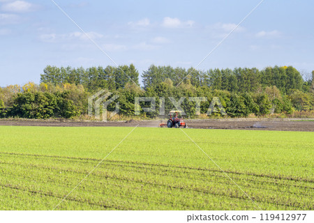 北海道帶廣市紅色拖拉機耕地 119412977