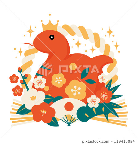 Snake year new year's card icon, retro color, Hinomaru fan, cute, red snake, illustration, shimekazari 119413084