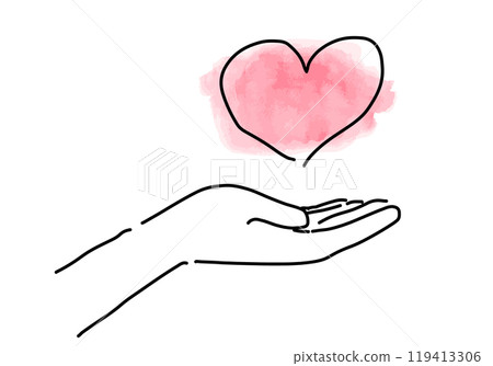 Rough hand-drawn simple line drawing of a heart and hands 119413306