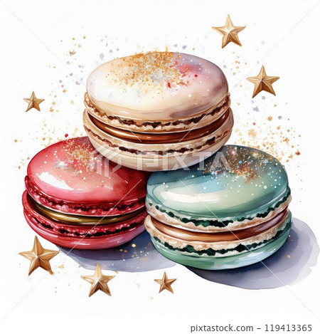 Colorful macarons with a sprinkle of stars on a white isolated background. 119413365