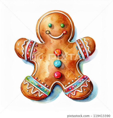 Gingerbread cookie with colorful decorations on a white isolated background. 119413390