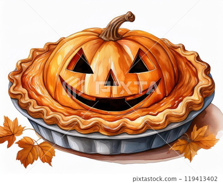 Smiling pumpkin pie with a crust, decorated with autumn leaves, isolated background. Smiling pumpkin pie with a crust, decorated with autumn leaves, isolated background. 119413402
