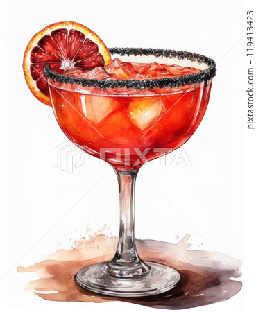 Colorful cocktail with blood orange slice, ice, and black salt rim. 119413423