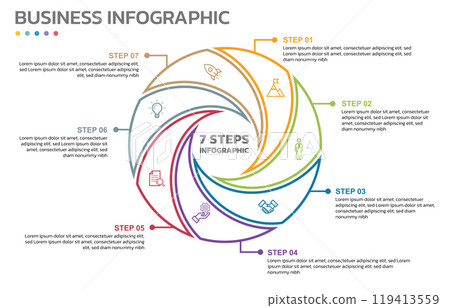 Visual data presentation. Cycle diagram with 7 options. Pie Chart Circle thin line infographic template with 7 steps, options, parts, segments. Business concept. Marketing infographic vector 119413559