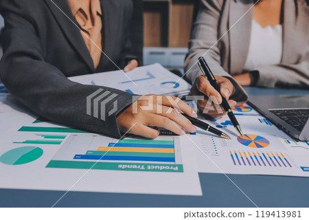 Team of business people are meeting to analyze data for marketing plan,Market research reports and income statistics, Financial and Accounting concept. Team of business people are meeting to analyze data for marketing plan,Market research reports and income statistics, Financial and Accounting concept. 119413981