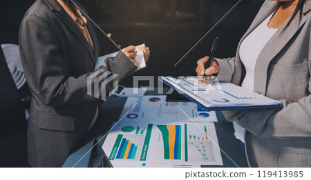 Team of business people are meeting to analyze data for marketing plan,Market research reports and income statistics, Financial and Accounting concept. 119413985