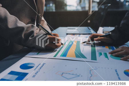 Team of business people are meeting to analyze data for marketing plan,Market research reports and income statistics, Financial and Accounting concept. 119413986