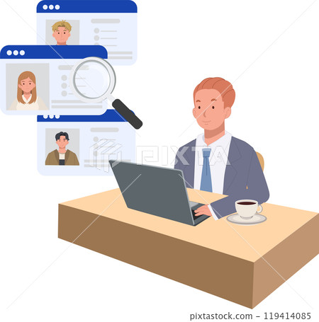 Human Resources Professional Using Magnifying Glass for Job Application Screening and Candidate Review 119414085